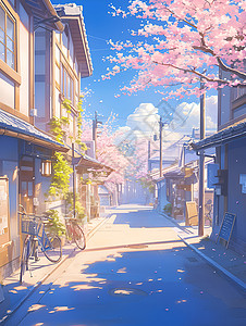 蓝天下的城市蓝天下的樱花街道插画