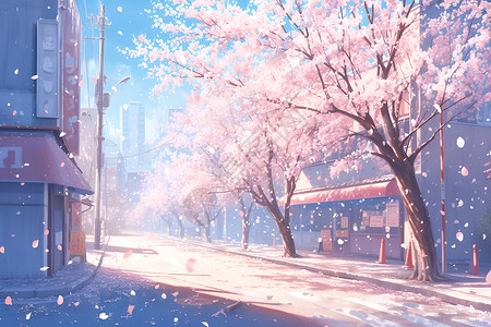成长道路城市街道上飘落的樱花插画