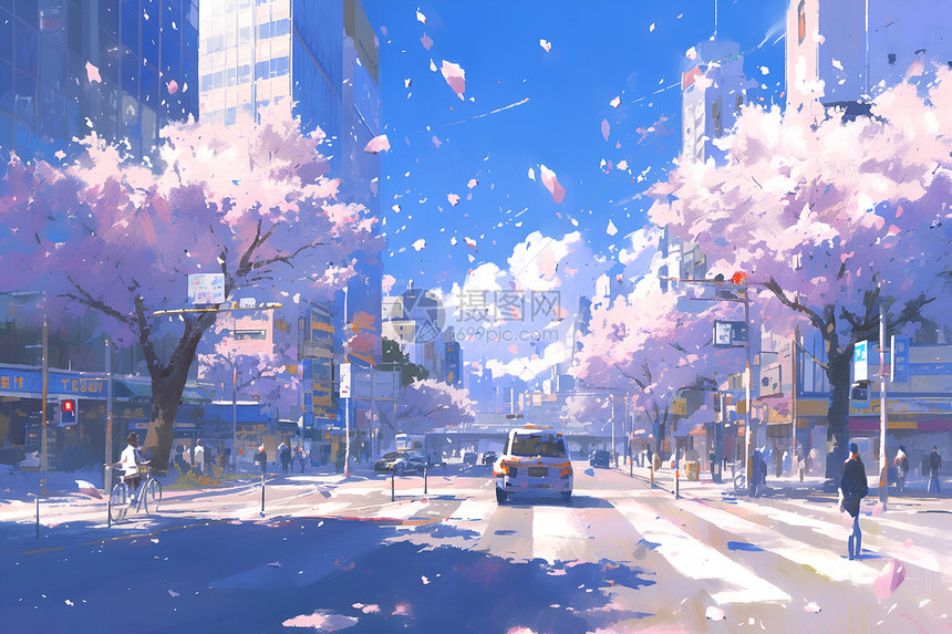 城市街道上的樱花图片