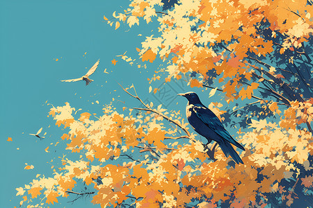 秋天树上的小鸟背景图片