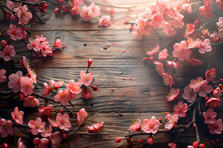 木质桌上的桃花背景图片