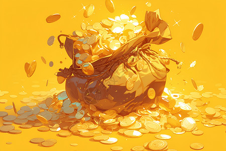 飞舞黄色金币财富溢出的宝藏金币插画