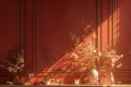 红色家居木椅红色墙壁下的花瓶插画