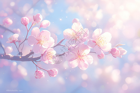 桃花树下的宁静花园背景图片