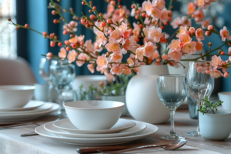 花枝装饰桃花枝摆件的精致用餐室背景