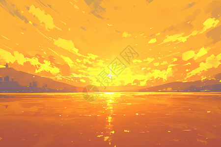日落时的湖泊风景插画