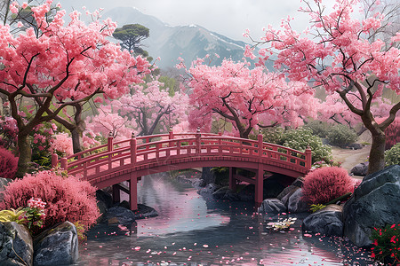 花树素材山谷中的桥梁背景