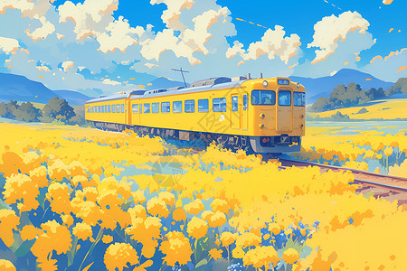 黄色火车穿越花海背景图片