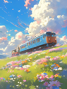 火车穿越花田背景图片