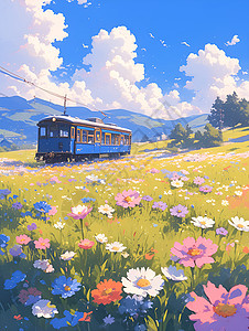 火车和鲜花背景图片