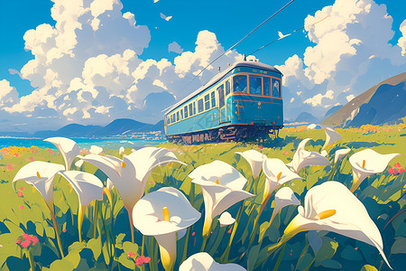 郊外的鲜花和列车背景图片