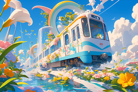 鲜花环绕的火车背景图片