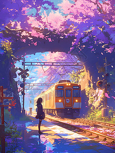 紫花下的火车背景图片