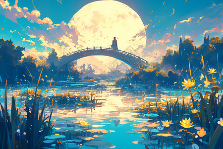 月下江畔拱桥背景图片