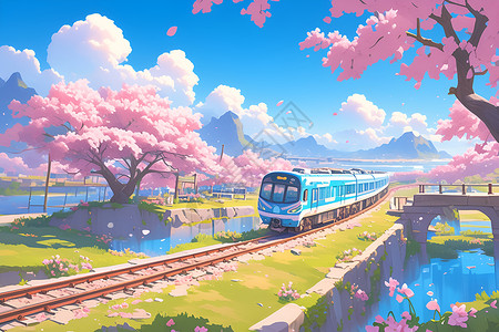 卡通樱花树樱花下的白色列车插画