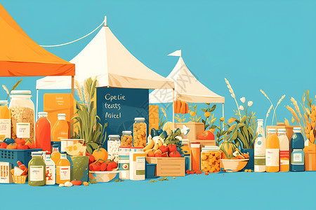 食品零售帐篷中展示的食品插画