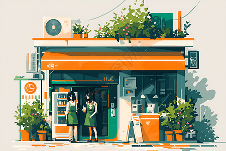咖啡店员工街角咖啡店插画