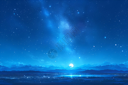 上海夜幕月光下的湖泊插画
