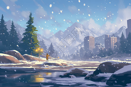 俯瞰树林与街道积雪中的城市河流插画