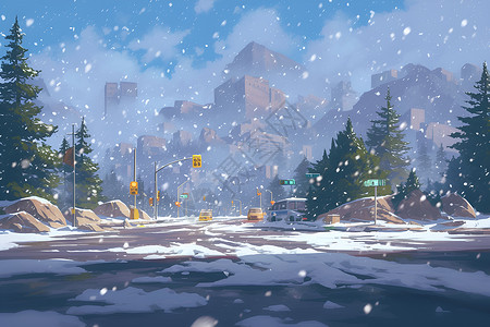 俯瞰树林与街道暴风雪中的城市街道插画