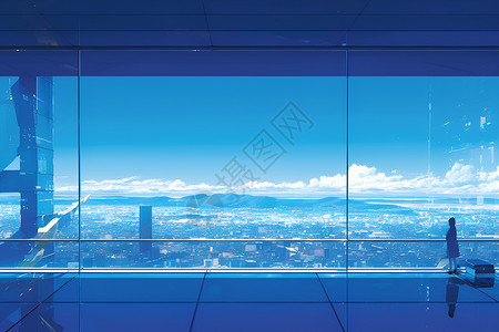 落地窗前展望的城市背景图片