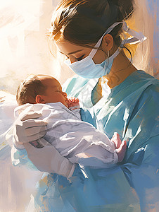 产科的产科护士抱着婴儿插画