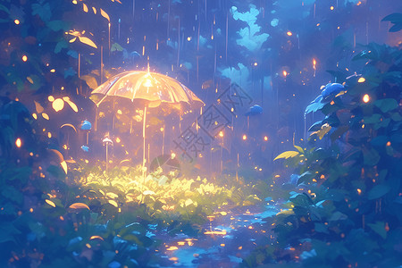 小清新绿叶水滴童话般的雨中花园插画