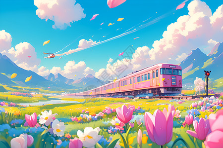 粉色火车穿过盛开的郁金香高清图片