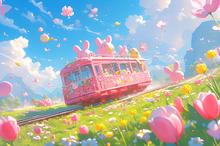 火车蓝天粉色火车穿越花海的奇幻之旅插画