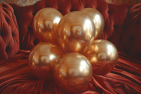 金色沙沙发上的一束金色气球背景