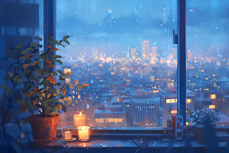 下雨的夜晚夜幕中的城市之窗插画