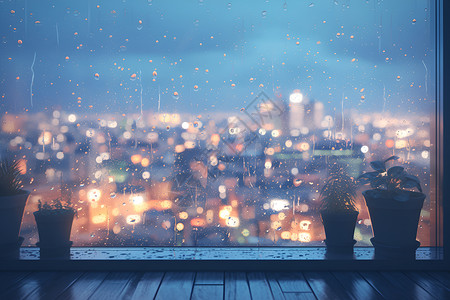 下雨的夜晚夜雨窗台城市风景插画