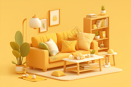 沙姜粉黄色沙发上的抱枕插画