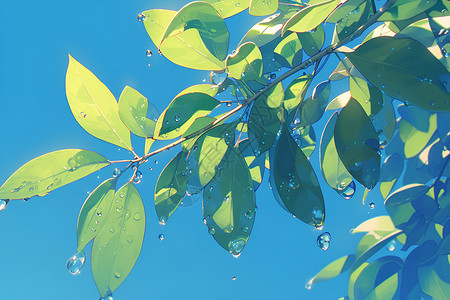 绿色树叶水滴水滴闪烁在树叶上插画