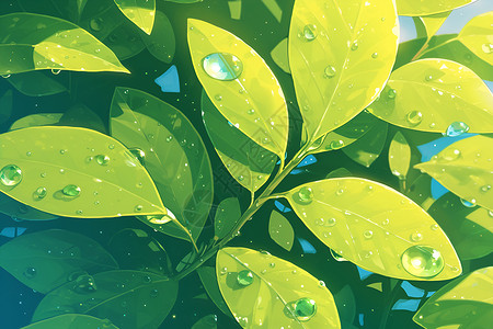绿色树叶水滴绿叶上的水珠插画
