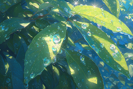 绿色树叶水滴叶子上闪耀着水滴插画