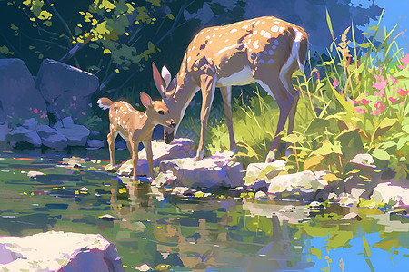 母鹿和小鹿饮水插画