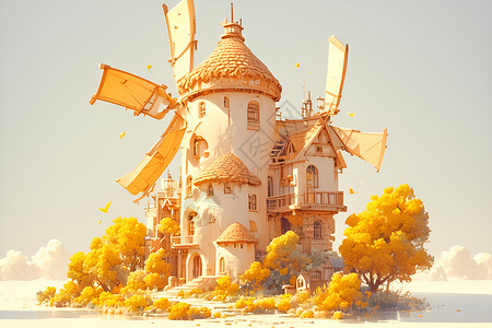 金粉材质迷人的风车屋插画