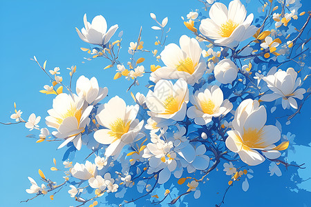 清新蓝天下的白花背景图片