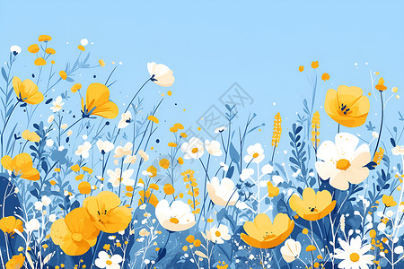 黄色简约花朵田园风光中的花朵插画