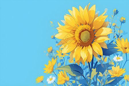 黄色简约花朵蓝色背景下的花朵插画