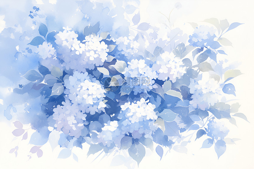 蓝色绣球花艺术插画图片