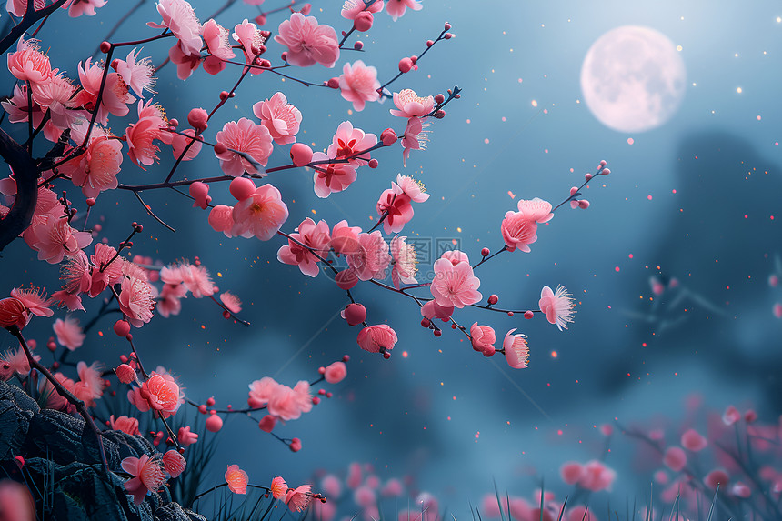 月夜下的桃花园图片
