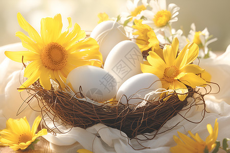 蛋袋鸟巢中的蛋和花朵背景