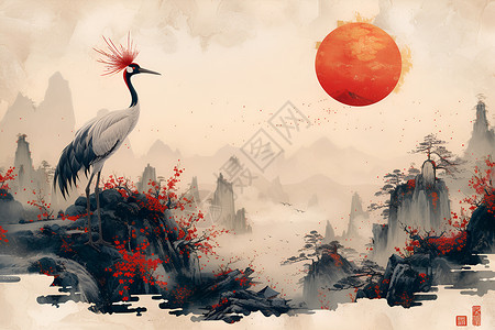 长颈鸟山水间的仙鹤插画