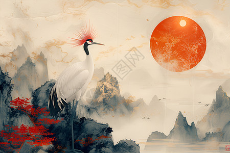 长颈鸟翩翩起舞的仙鹤插画