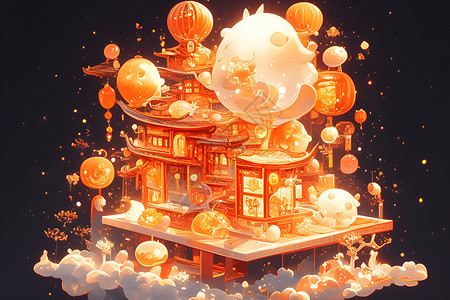 梯步彩灯中的中国建筑插画