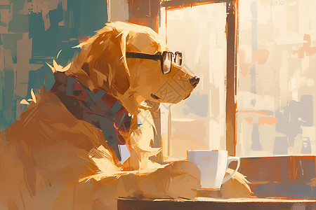 情境窗前握着茶杯的狗插画