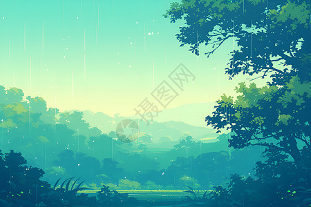 雨景色雨中森林的宁静插画
