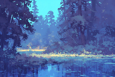 雨后森林雨后湖畔的宁静景致插画
